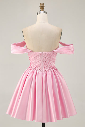 Pink Off The Shoulder Ruched Short Homecoming Dress